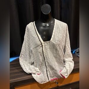 Lemlem Gray Blouse with Pink Accents
